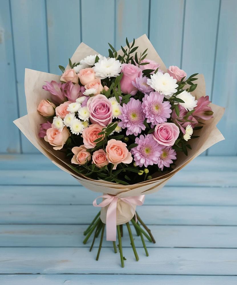 Букет цветов из: Хризантемы, Розы и Альстромерии в Петропавловской Краснодарского края