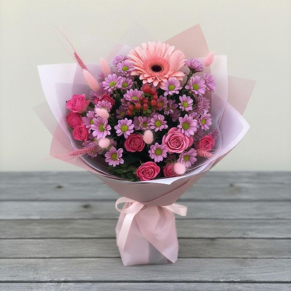 Букет цветов из: Розы, Герберы и Хризантемы в Петропавловской Краснодарского края