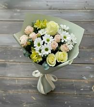 Букет цветов из:  Альстромерии, Розы и Хризантемы в Петропавловской Краснодарского края